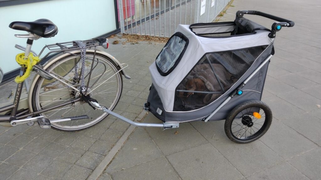 Zosia zit in de Trixie opvouwbare hondenfietskar grijs.