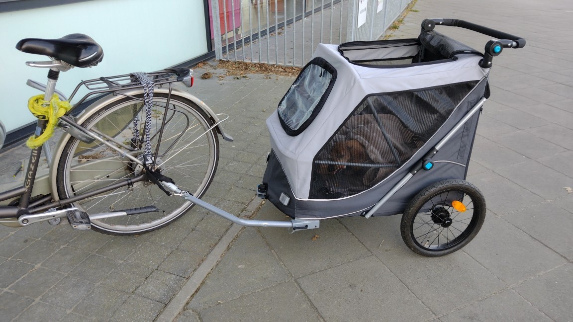 hondenfietskar trixie opvouwbaar grijs Zosia zit in de Trixie opvouwbare hondenfietskar grijs.