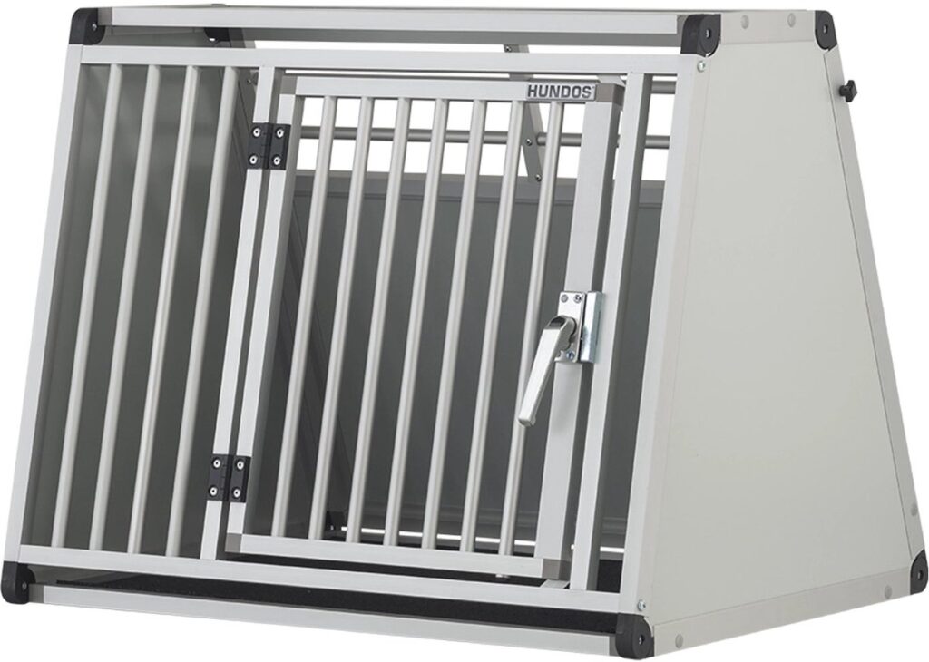Hundos autobench met vluchtluik en stevige klink met drukknopvergrendeling.