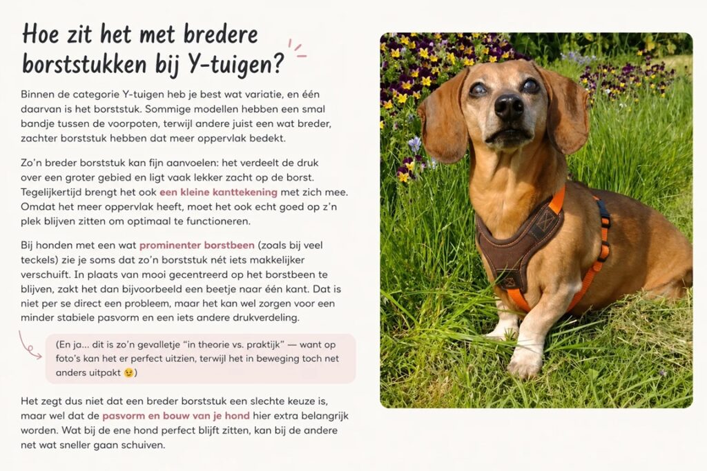 y tuig hond breed borststuk teckel 1 Teckel Zosia met een Y-tuig met breed borststuk in het gras - uitleg over pasvorm.
